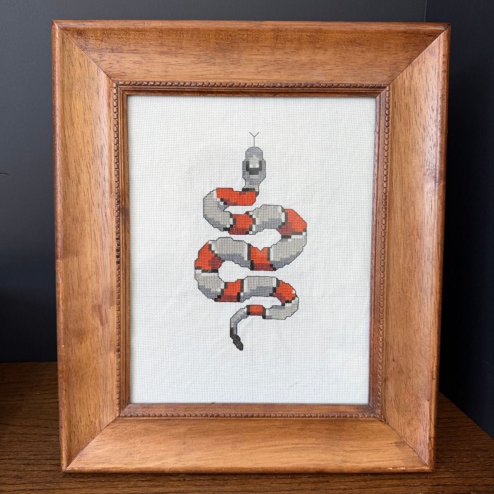 Snake Cross Stitch Framed Wall Art Wood Frame Red Grey Boho Vintage‎ Style 11x13